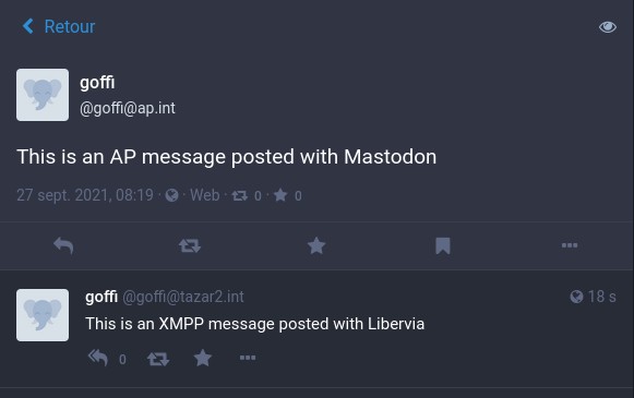 Bildschirmfoto zweier Mastodon-Beiträge: “This is an AP message posted with Mastodon” und “This is an XMPP message posted with libervia